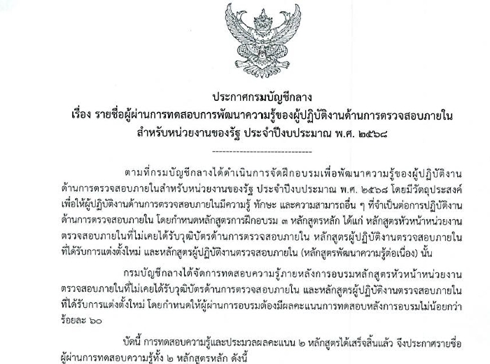 Internal Audit Unit personnel passed the
knowledge development test for internal
audit practitioners for government
agencies in fiscal year 2025.